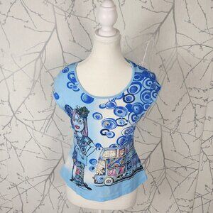 Faust Artsy Sequin Bus Stop Graphic Print Cotton Stretch Cap Sleeve Y2K Top